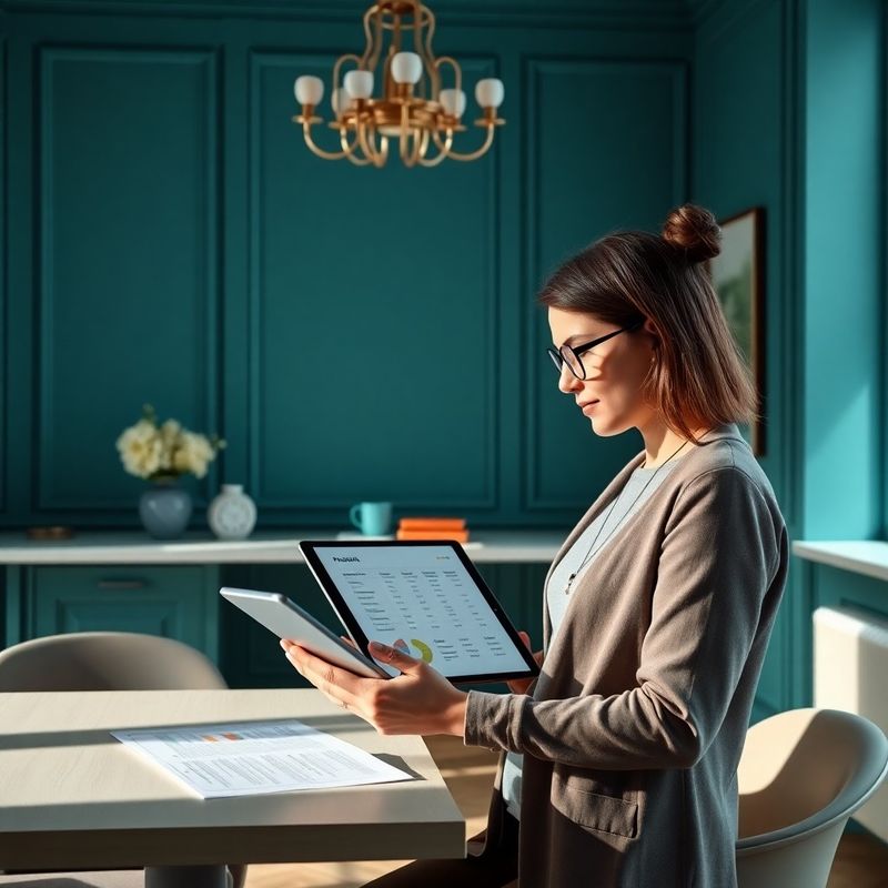 Osoba prezerá cenové balíčky na tablete v minimalistickej teal kancelárii